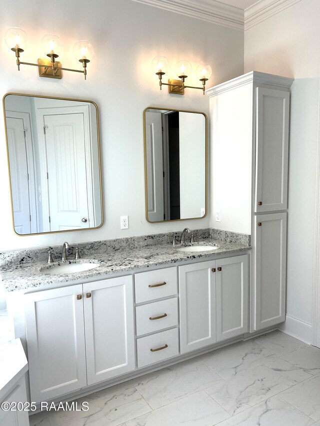 108 Fillmore Way, Lafayette, LA 70506 - bathroom featuring marble look tiles, crown molding, and double vanity