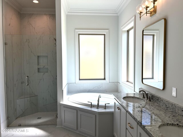 108 Fillmore Way, Lafayette, LA 70506 - bathroom with a marble finish shower, a bath, marble finish flooring, crown molding, and double vanity