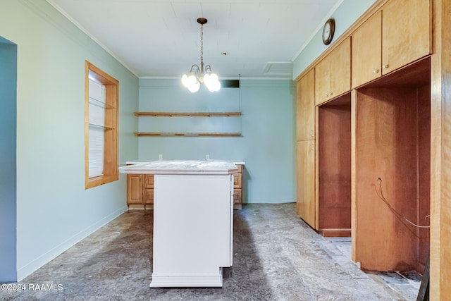 kitchen with crown molding, light brown cabinets, decorative light fixtures, and an inviting chandelier