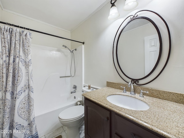 full bathroom featuring toilet, vanity, shower / tub combo, and ornamental molding