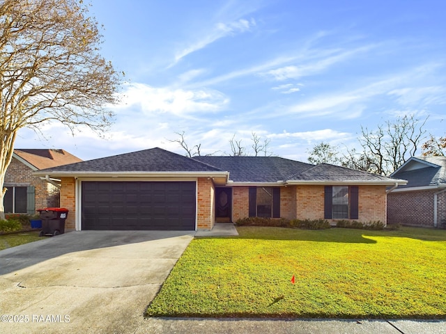 single story home with a front yard and a garage