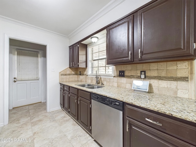 kitchen featuring dishwasher, sink, crown molding, and dark brown cabinetry