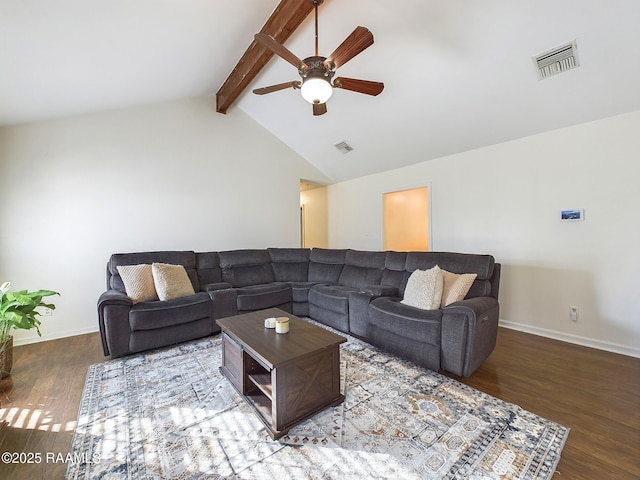 living room with ceiling fan, dark hardwood / wood-style flooring, and vaulted ceiling with beams