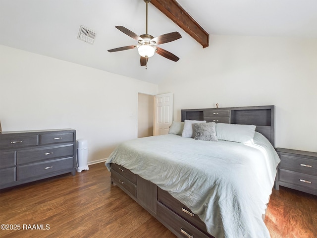 bedroom with ceiling fan, vaulted ceiling with beams, and dark hardwood / wood-style flooring