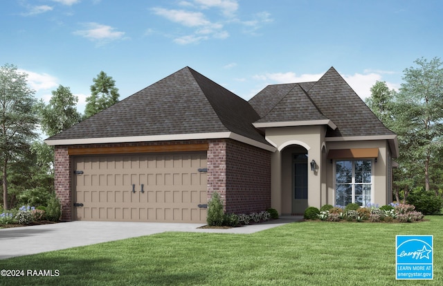 view of front of home featuring a front lawn, driveway, roof with shingles, a garage, and brick siding