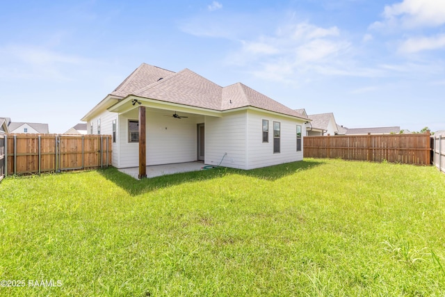 102 Fillmore Way, Lafayette, LA 70506 - rear view of house with a ceiling fan, a shingled roof, a patio, and a fenced backyard