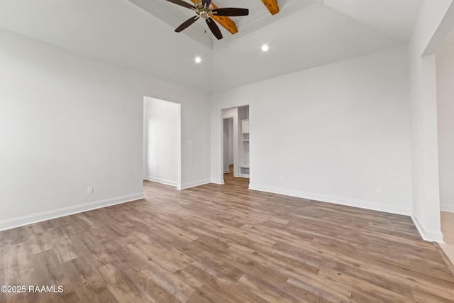 102 Fillmore Way, Lafayette, LA 70506 - empty room featuring high vaulted ceiling, a ceiling fan, wood finished floors, and beam ceiling