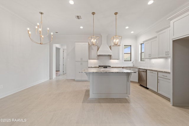 102 Fillmore Way, Lafayette, LA 70506 - kitchen with dishwasher, custom exhaust hood, a chandelier, decorative backsplash, and crown molding
