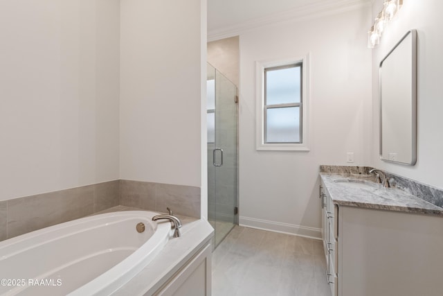 102 Fillmore Way, Lafayette, LA 70506 - full bath featuring vanity, a garden tub, a shower stall, and ornamental molding