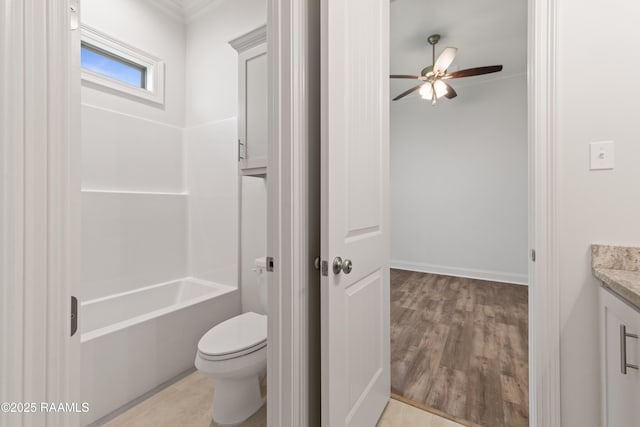 102 Fillmore Way, Lafayette, LA 70506 - bathroom featuring vanity, ceiling fan, wood finished floors, ornamental molding, and bathing tub / shower combination