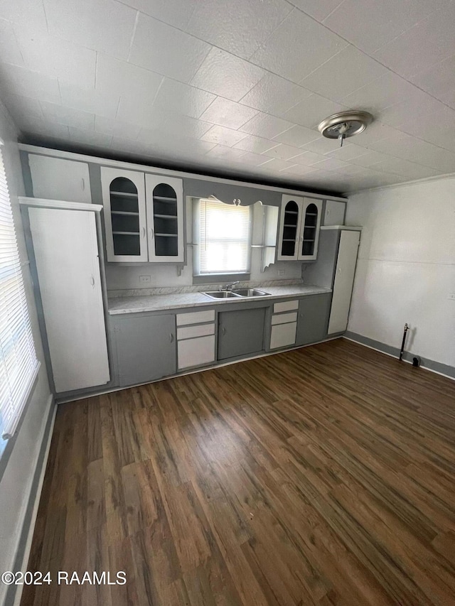 kitchen with dark hardwood / wood-style flooring, gray cabinetry, and sink