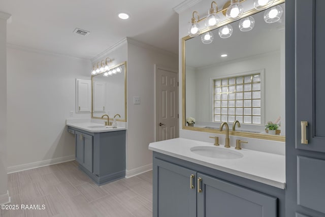 bathroom featuring vanity and ornamental molding