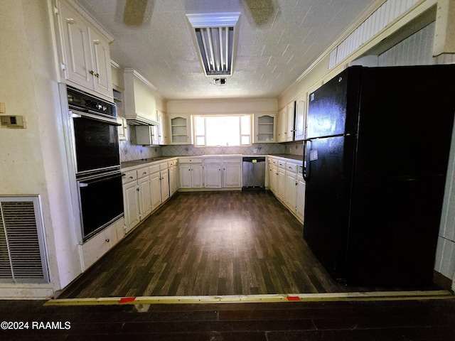 kitchen with backsplash, ornamental molding, custom range hood, sink, and black appliances