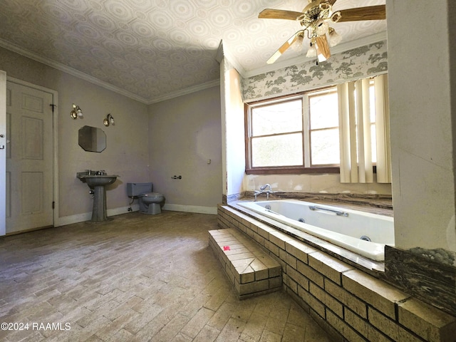 bathroom with a bidet, crown molding, a relaxing tiled tub, ceiling fan, and toilet