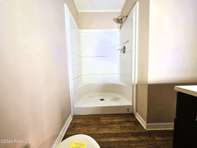 bathroom featuring a shower, wood-type flooring, and vanity