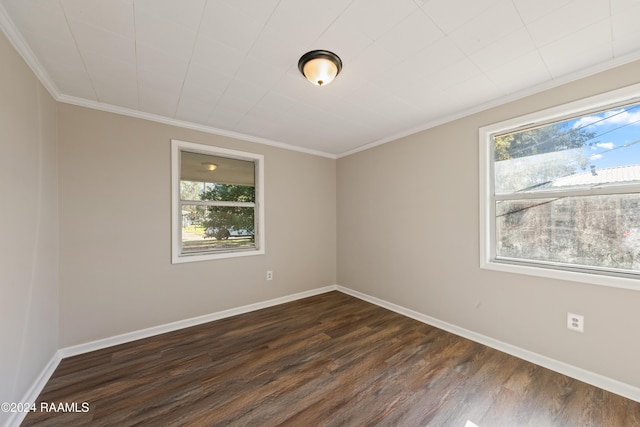 unfurnished room featuring ornamental molding, dark hardwood / wood-style flooring, and a healthy amount of sunlight