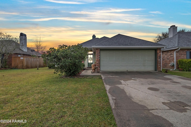 view of front of home with a garage and a lawn