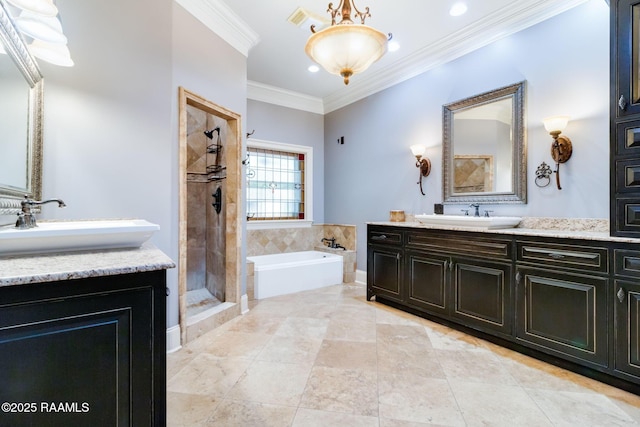 bathroom with vanity, independent shower and bath, and ornamental molding