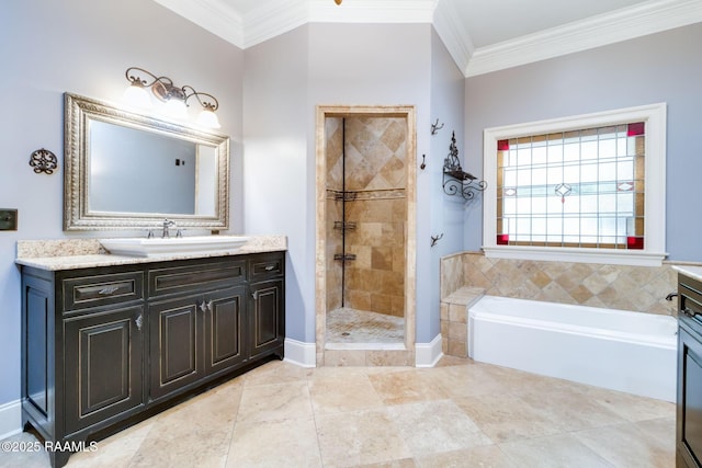 bathroom featuring vanity, separate shower and tub, and crown molding