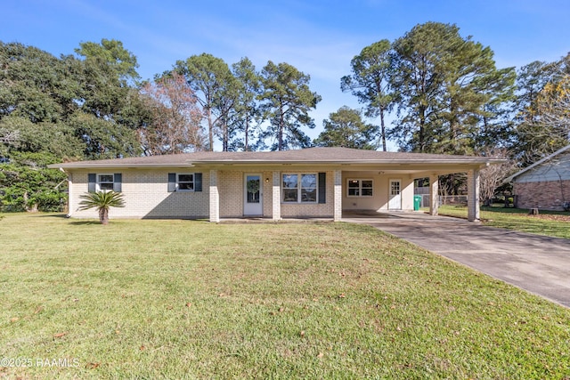 single story home with a front lawn and a carport