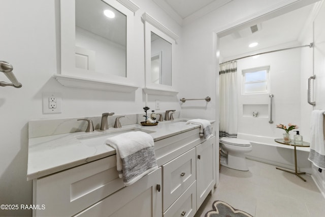 full bathroom featuring vanity, crown molding, shower / bathtub combination with curtain, and toilet