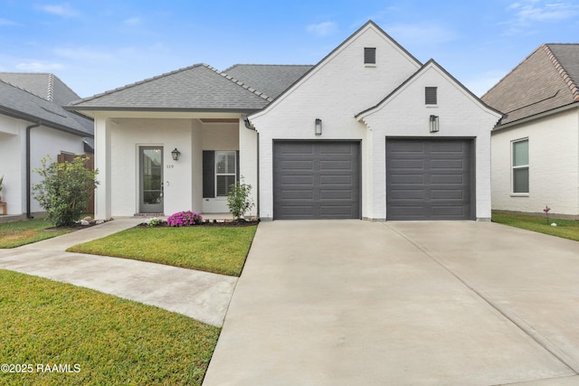 view of front of property featuring a front yard and a garage