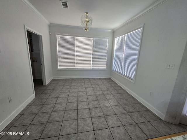 unfurnished dining area featuring tile patterned floors, ornamental molding, and an inviting chandelier