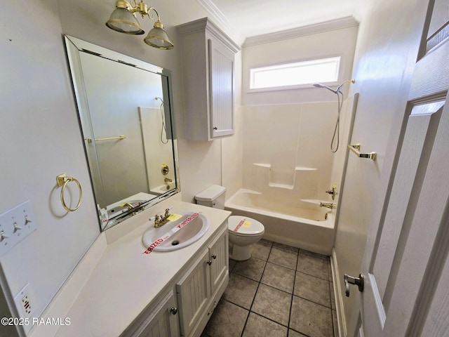 full bathroom with shower / bathing tub combination, vanity, crown molding, tile patterned flooring, and toilet