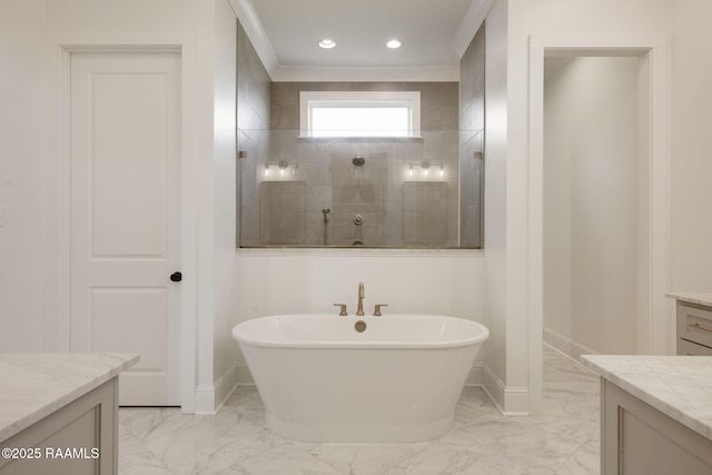 bathroom featuring shower with separate bathtub, vanity, and ornamental molding