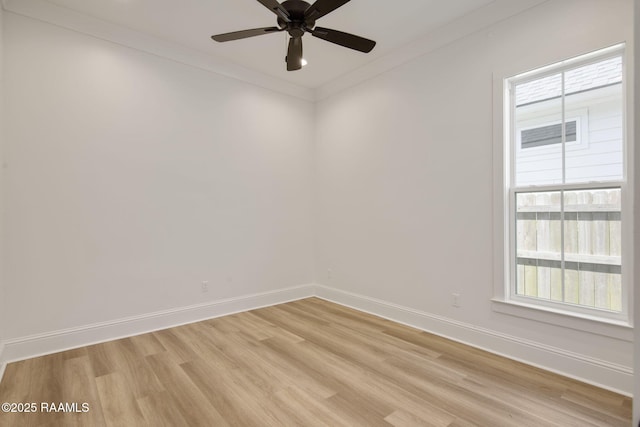 empty room featuring light hardwood / wood-style flooring, ceiling fan, and crown molding