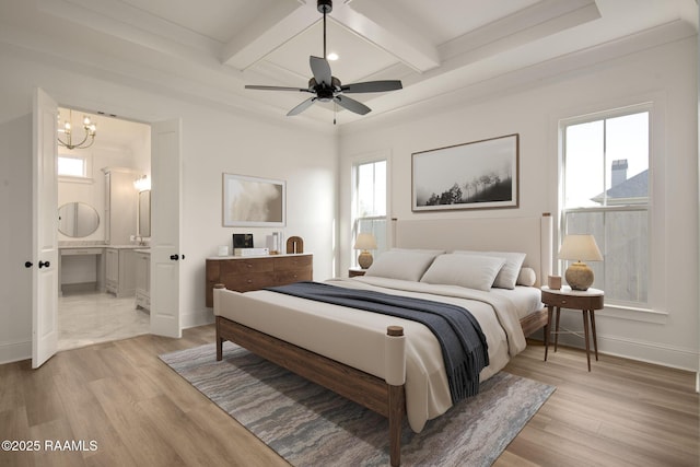 bedroom with light wood-type flooring, beam ceiling, ceiling fan with notable chandelier, and ornamental molding