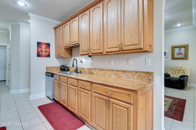 kitchen with dishwasher, crown molding, light tile patterned floors, and sink