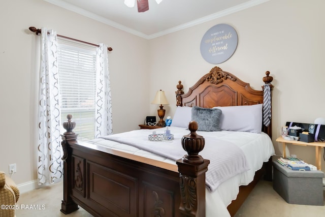 bedroom featuring light carpet, ceiling fan, and crown molding