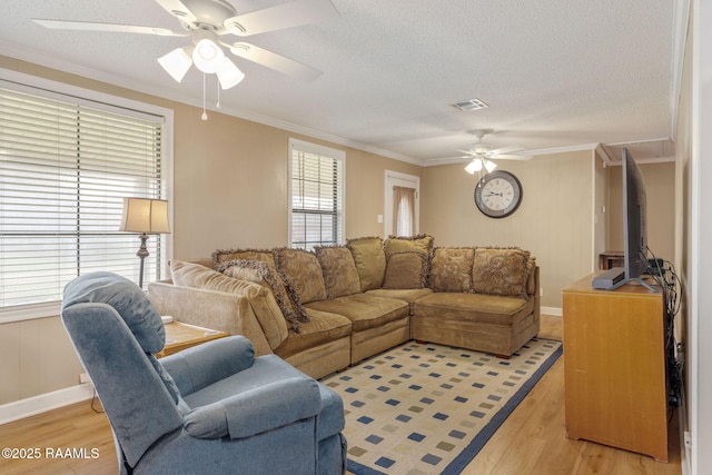 living room featuring a wealth of natural light, crown molding, a textured ceiling, and light wood-type flooring