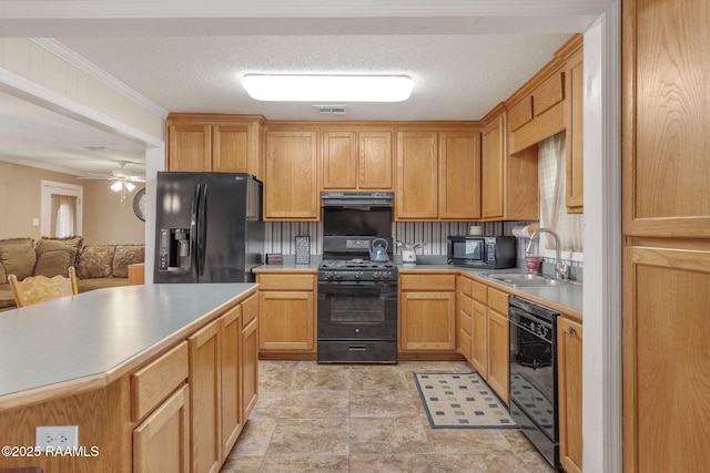 kitchen featuring ceiling fan, sink, crown molding, a textured ceiling, and black appliances