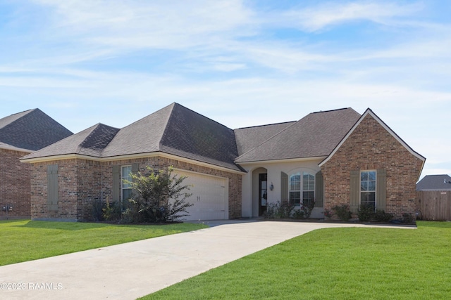 view of front of home with a front yard and a garage