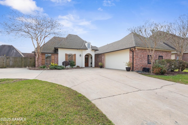 view of front of property with a front yard and a garage