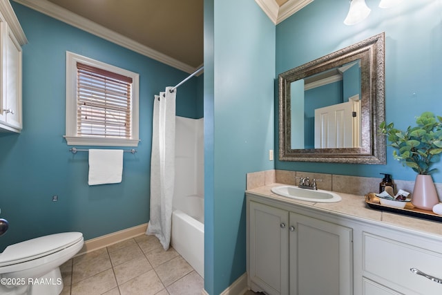 full bathroom with tile patterned flooring, shower / bath combo, toilet, and ornamental molding