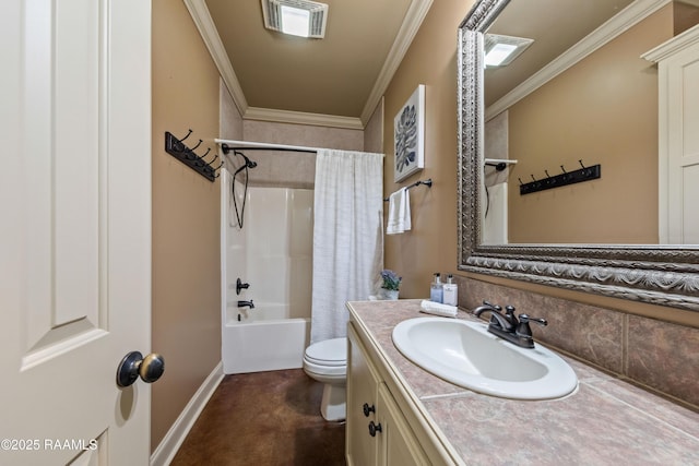 full bathroom with vanity, toilet, crown molding, and shower / tub combo with curtain