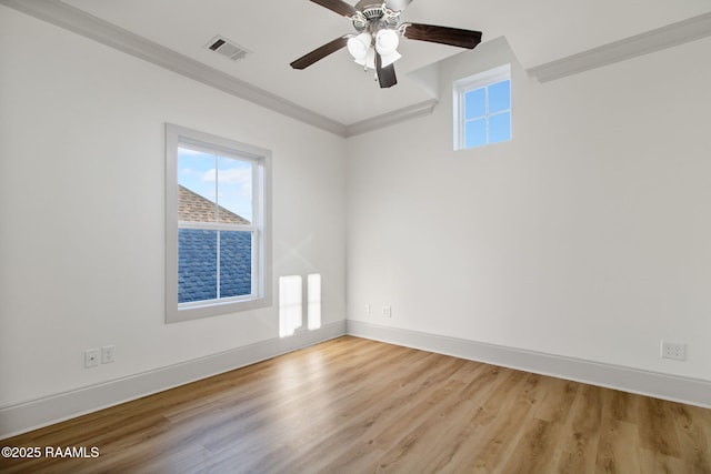 unfurnished room featuring light wood-type flooring, ceiling fan, and ornamental molding