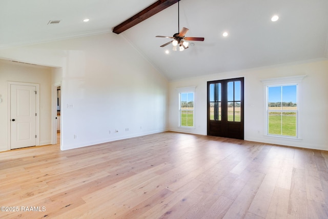 interior space with beam ceiling, ceiling fan, high vaulted ceiling, and light hardwood / wood-style floors