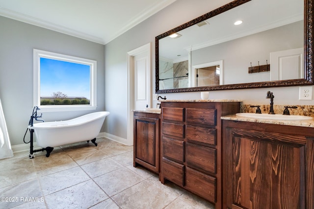 bathroom with plus walk in shower, vanity, and crown molding