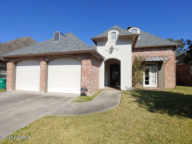 french provincial home with french doors, a garage, and a front lawn