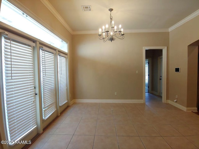 unfurnished dining area featuring light tile patterned floors, a chandelier, and ornamental molding