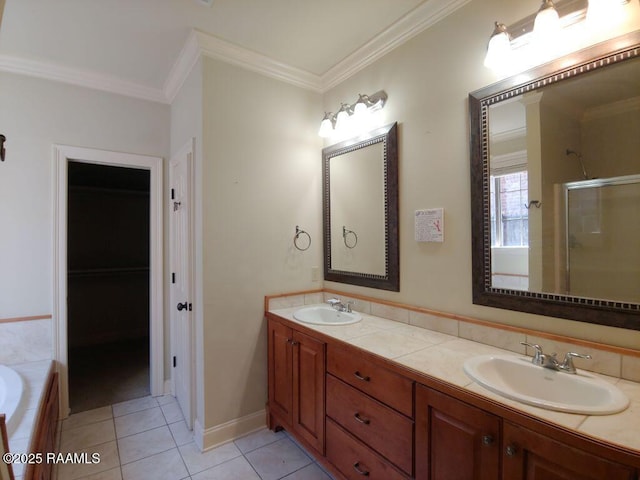 bathroom with independent shower and bath, vanity, tile patterned floors, and crown molding