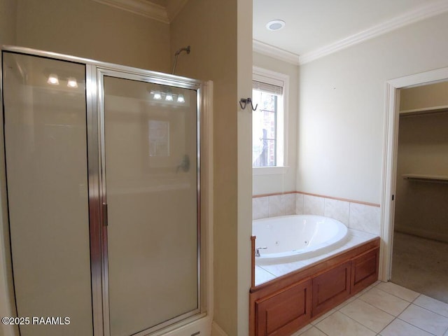 bathroom with tile patterned flooring, plus walk in shower, and ornamental molding