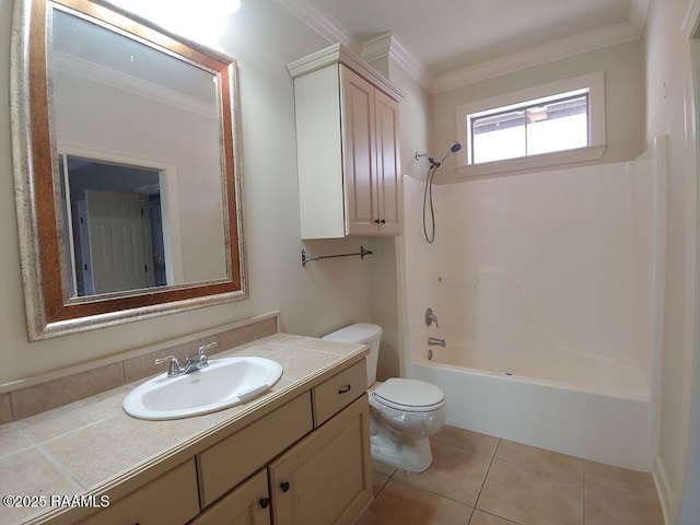 full bathroom featuring tile patterned flooring, crown molding, shower / bath combination, toilet, and vanity