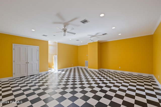 unfurnished room with ornamental molding and ceiling fan