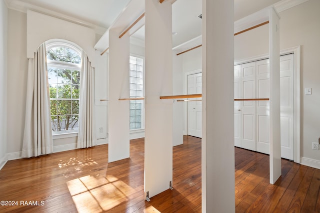 interior space with hardwood / wood-style flooring and ornamental molding