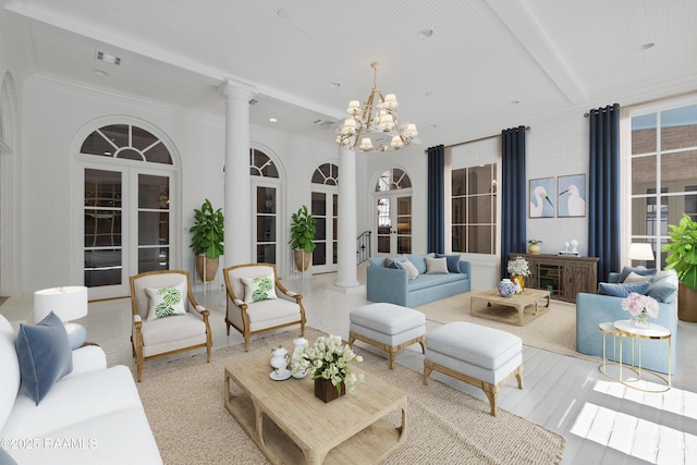 living room featuring an inviting chandelier, beam ceiling, ornate columns, french doors, and light wood-type flooring